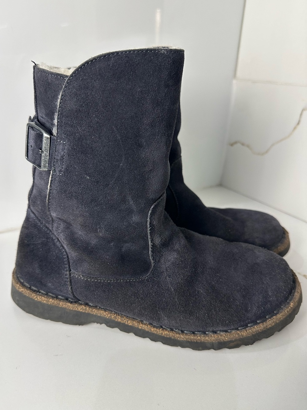 Birkenstock Black Suede Shearling Lined Buckle Boots 7